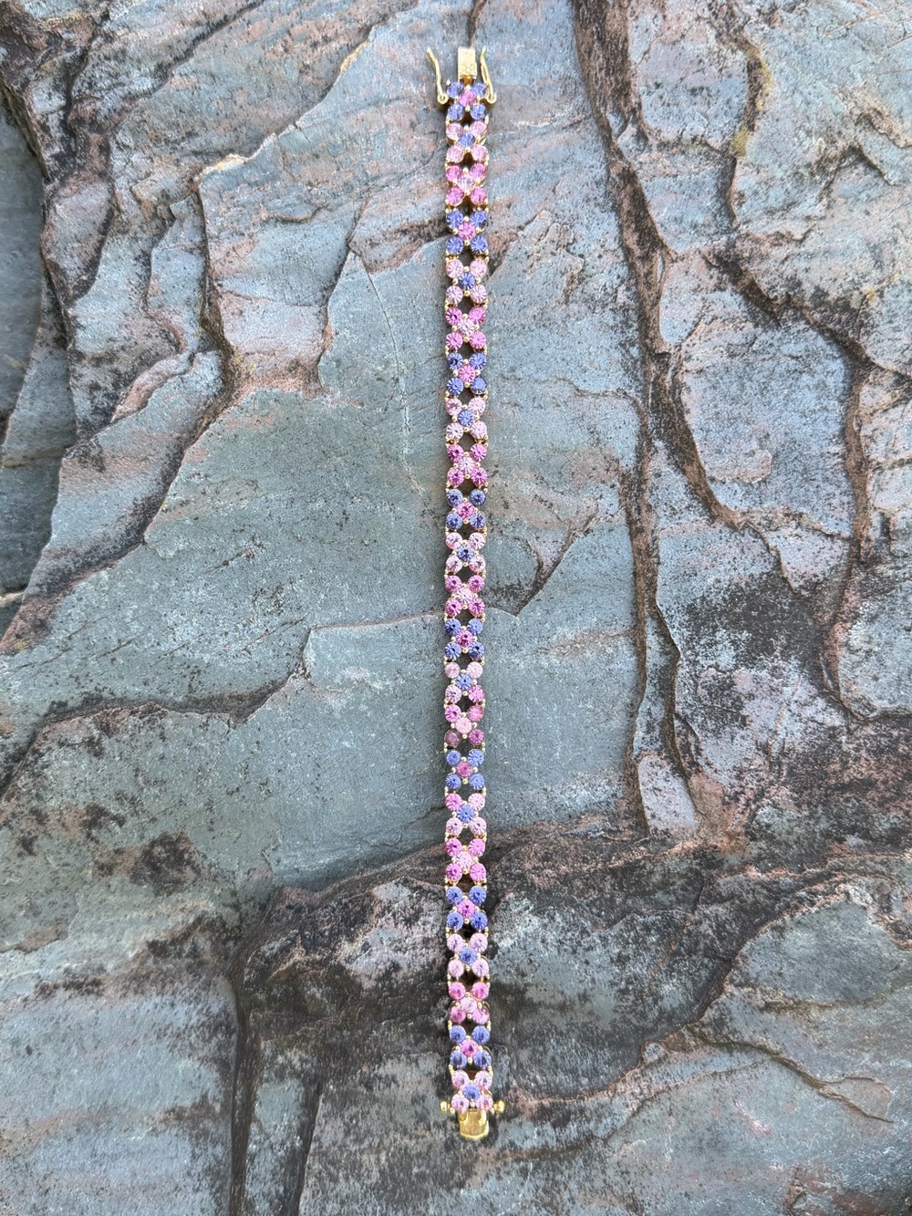 Joan Rivers Gold Pink Lavender Flower Crystal Tennis Bracelet